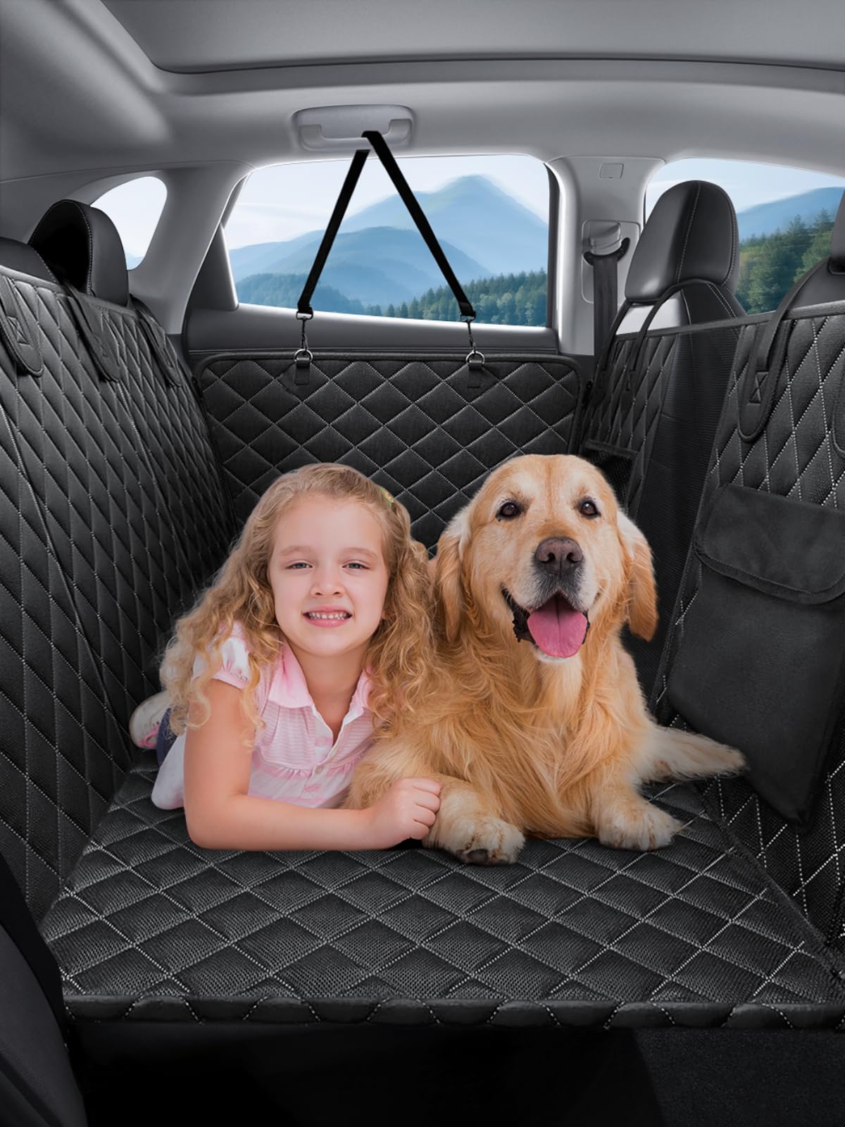 Dog Car Seat Cover for Back Seat Dog Seat Covers with Hard Bottom Waterproof Travel Bed with Mesh Window Pet Backseat Extender Protector Dog Hammock for Car Full Size SUV Small Truck Holds 440 lbs