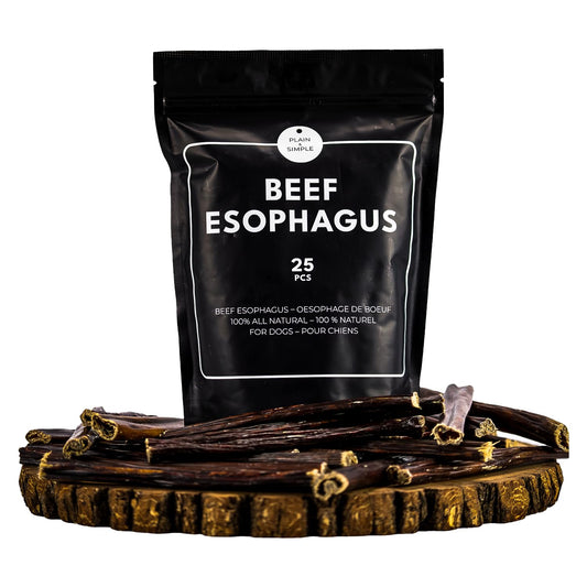 Plain & Simple 6 Inches Beef Gullet Sticks for Dogs |10 Oz - 25 Pcs Hormone Free Beef Esophagus Dog Treats | Highly Digestible High Protein Dehydrated Organic Dog Treats